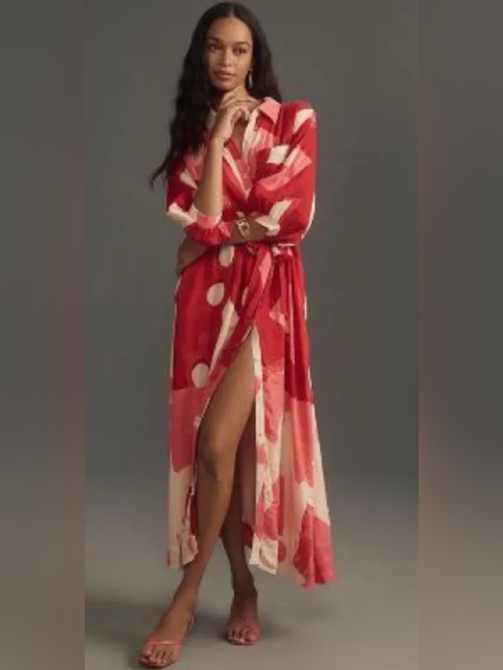 ANTHROPOLOGIE MAEVE Mona Belted Linen Shirt Maxi Dress Red Print S